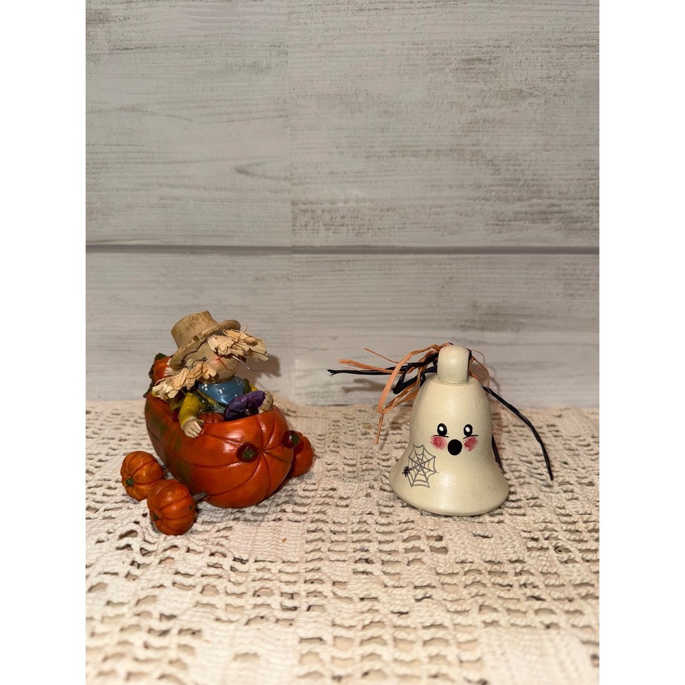 Halloween Fall Decor Set Scarecrow in Pumpkin Carriage and Ghost Bell Figurine
